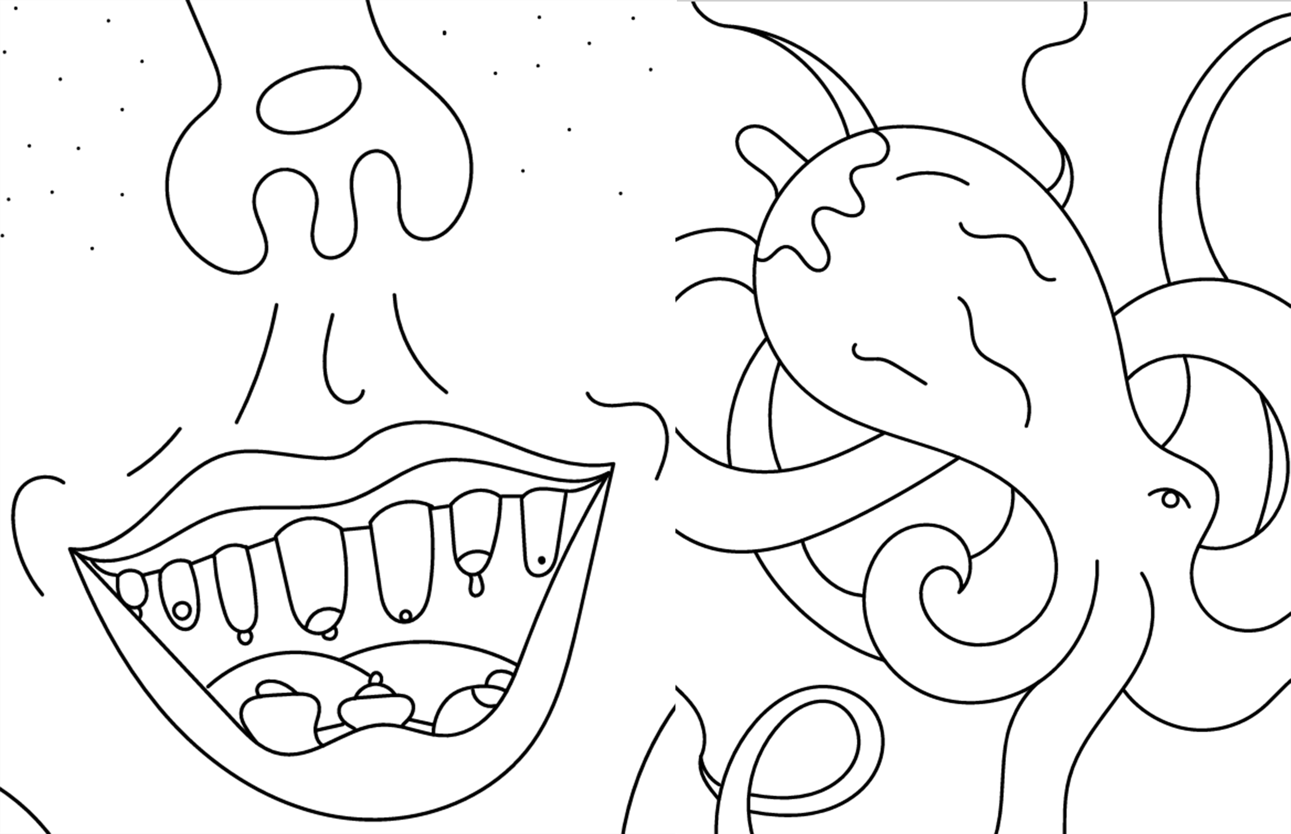 mouth with boob teeth next to a octopus with a boob as its head.